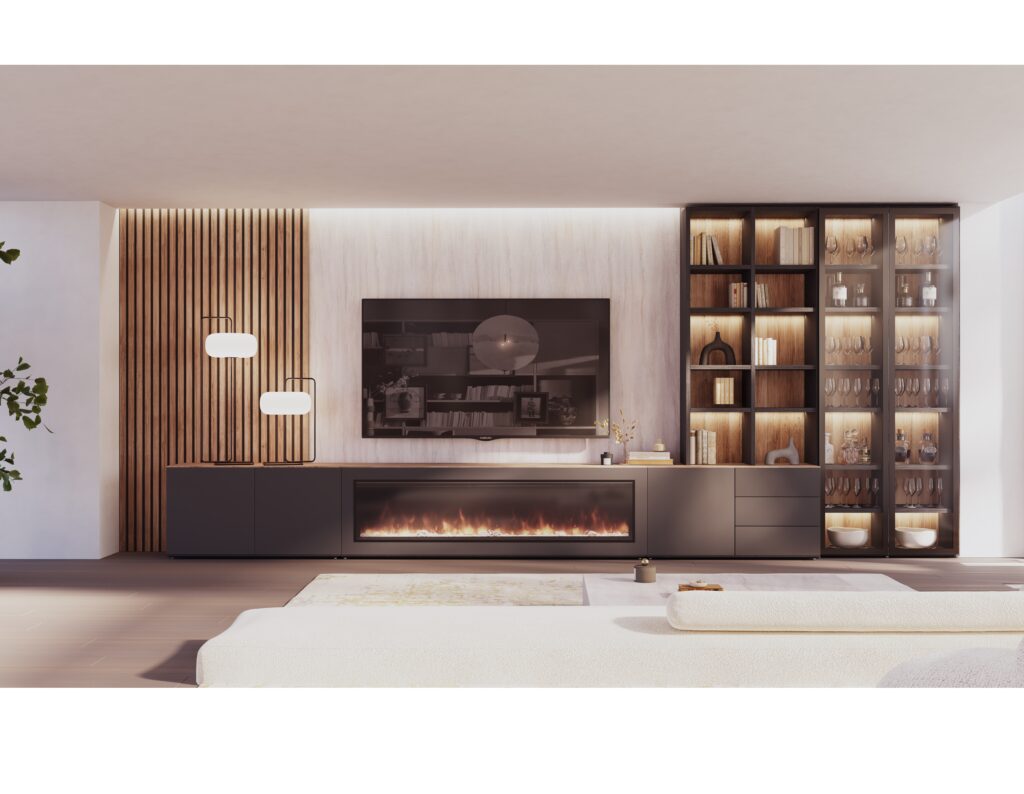 mueble de salón a medida con chimenea integrada y panelado de madera